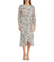 Maggy London Animal Print Crew Neck Long Sleeve Tie Front Tulip Hem Midi Dress