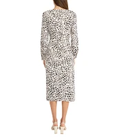 Maggy London Animal Print Crew Neck Long Sleeve Tie Front Tulip Hem Midi Dress