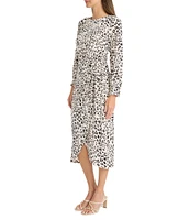 Maggy London Animal Print Crew Neck Long Sleeve Tie Front Tulip Hem Midi Dress