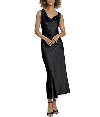 Maggy London Asymmetrical Draped Neck Satin Charmeuse Gown