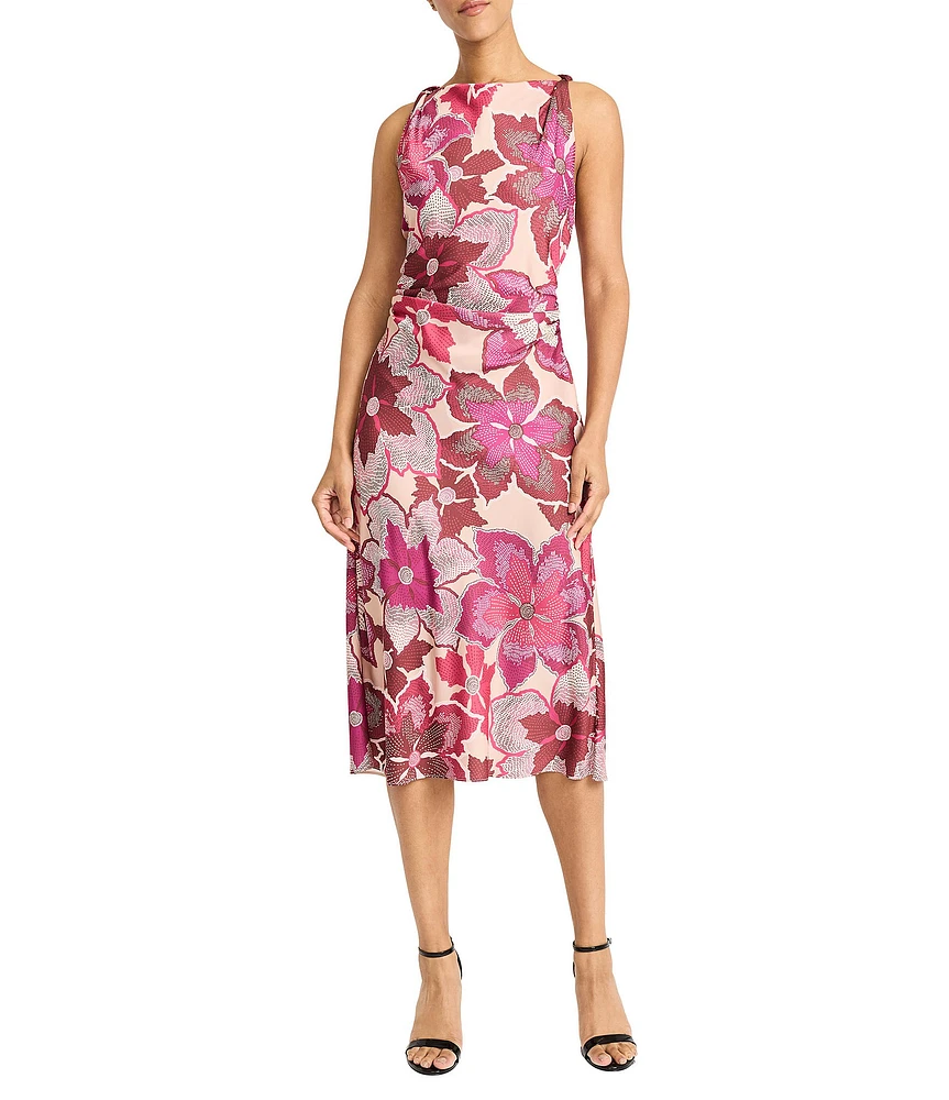 Maggy London Boat Neck Sleeveless Floral Print Sheath Midi Dress
