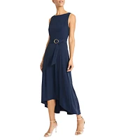 Maggy London Boat Neck Sleeveless Seamed Belted Fluid Crepe High-Low Midi Dress