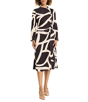 Maggy London Charmeuse Abstract Print Asymmetrical Ruched Neck Long Sleeve Drape Midi Dress