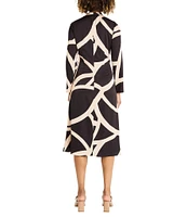 Maggy London Charmeuse Abstract Print Asymmetrical Ruched Neck Long Sleeve Drape Midi Dress