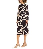 Maggy London Charmeuse Abstract Print Asymmetrical Ruched Neck Long Sleeve Drape Midi Dress