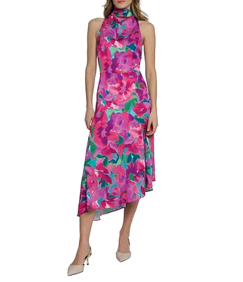 Maggy London Charmeuse Floral Cowl Mock Neck Sleeveless Asymmetrical Hem Midi Dress