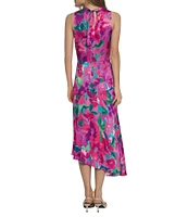 Maggy London Charmeuse Floral Cowl Mock Neck Sleeveless Asymmetrical Hem Midi Dress