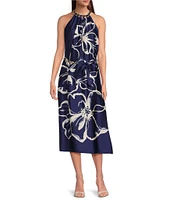 Maggy London Charmeuse Floral Print Halter Neck Sleeveless Waist Tie Blouson Midi Dess