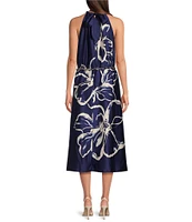 Maggy London Charmeuse Floral Print Halter Neck Sleeveless Waist Tie Blouson Midi Dess