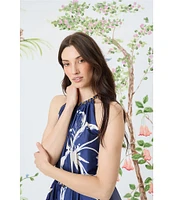 Maggy London Charmeuse Floral Print Halter Neck Sleeveless Waist Tie Blouson Midi Dess