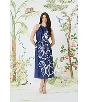 Maggy London Charmeuse Floral Print Halter Neck Sleeveless Waist Tie Blouson Midi Dess