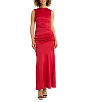 Maggy London Charmeuse High Neck Sleeveless Ruched Side Flutter Hem Gown