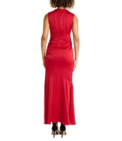 Maggy London Charmeuse High Neck Sleeveless Ruched Side Flutter Hem Gown