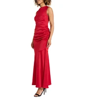 Maggy London Charmeuse High Neck Sleeveless Ruched Side Flutter Hem Gown