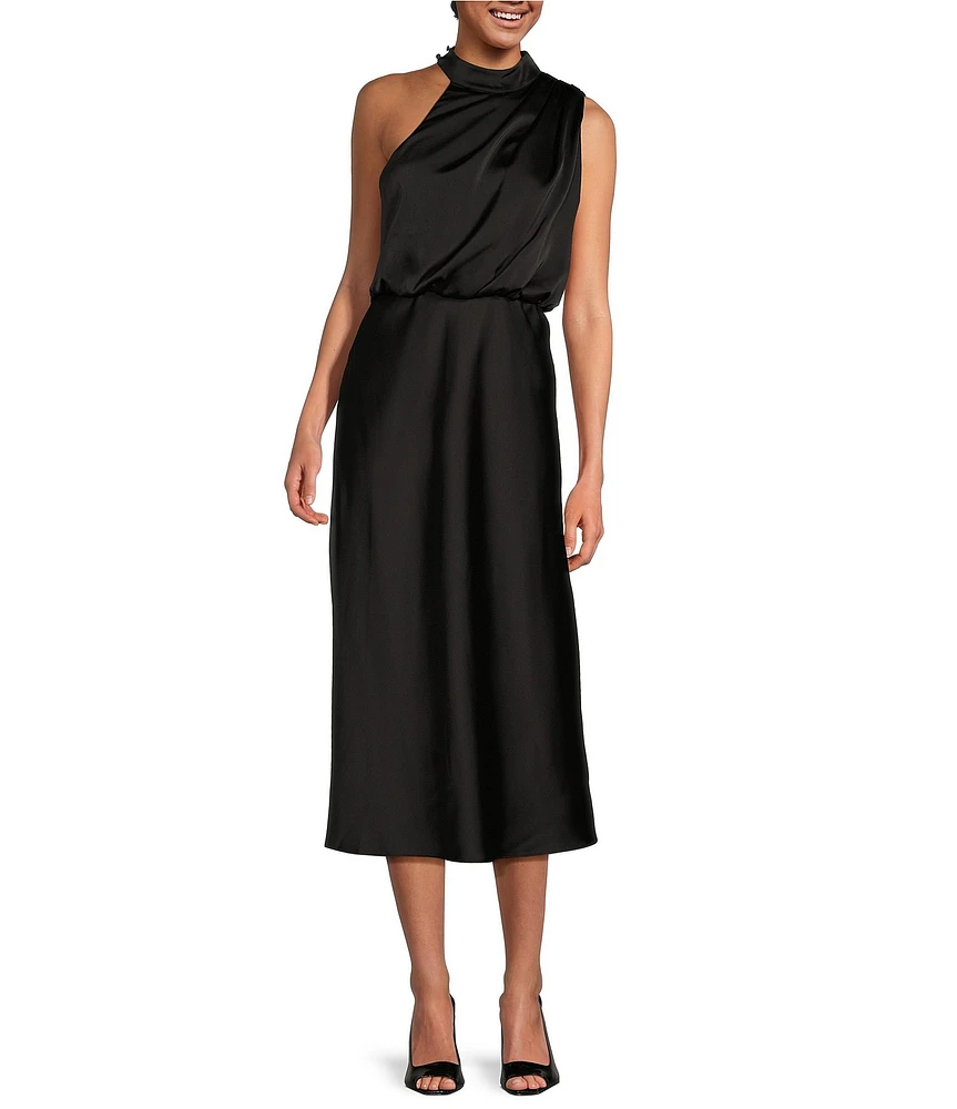 Maggy London Charmeuse Mock Neck Sleeveless Blouson Midi Dress