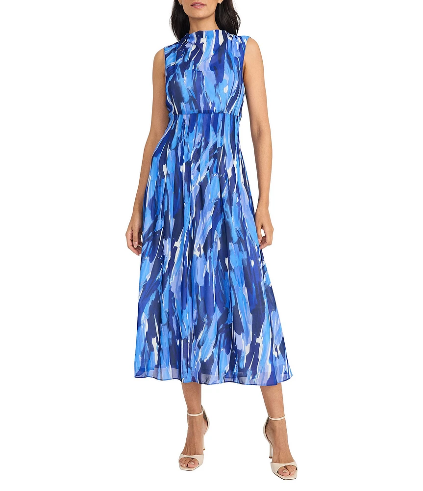 Maggy London Chiffon Multi Print Mock Neck Sleeveless Blouson Midi Dress