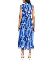 Maggy London Chiffon Multi Print Mock Neck Sleeveless Blouson Midi Dress