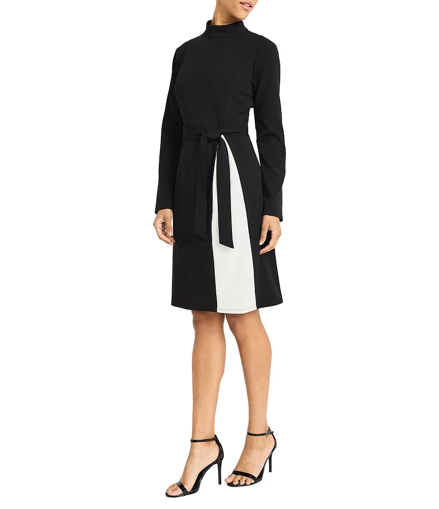 Maggy London Color Block Scuba Crepe Mock Beck Long Sleeve Self-Tie Belt A-Line Midi Dress