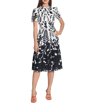 Maggy London Contrast Print Stretch Crepe Crew Neck Short Sleeve Tiered Ruffle Hem Midi Dress