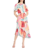 Maggy London Crew Neck Short Sleeve Abstract Floral Print Asymmetrical Hem Midi Dress