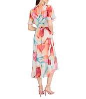 Maggy London Crew Neck Short Sleeve Abstract Floral Print Asymmetrical Hem Midi Dress