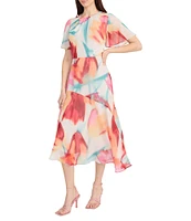 Maggy London Crew Neck Short Sleeve Abstract Floral Print Asymmetrical Hem Midi Dress