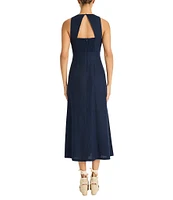 Maggy London Crew Neck Sleeveless Cut Out Back Linen Blend Midi Dress