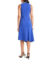 Maggy London Crew Neck Sleeveless Scuba Crepe Asymmetrical Hem Midi Dress