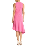 Maggy London Crew Neck Sleeveless Scuba Crepe Asymmetrical Hem Midi Dress