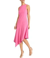 Maggy London Crew Neck Sleeveless Scuba Crepe Asymmetrical Hem Midi Dress