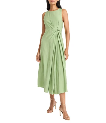 Maggy London Crew Neck Sleeveless Twist Front Textured Draped Midi Dress