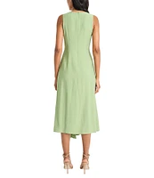 Maggy London Crew Neck Sleeveless Twist Front Textured Draped Midi Dress
