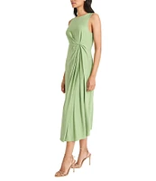 Maggy London Crew Neck Sleeveless Twist Front Textured Draped Midi Dress