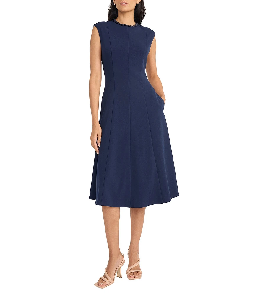 Maggy London Crew Neck Sleeveless Scuba Crepe Flared Midi Dress