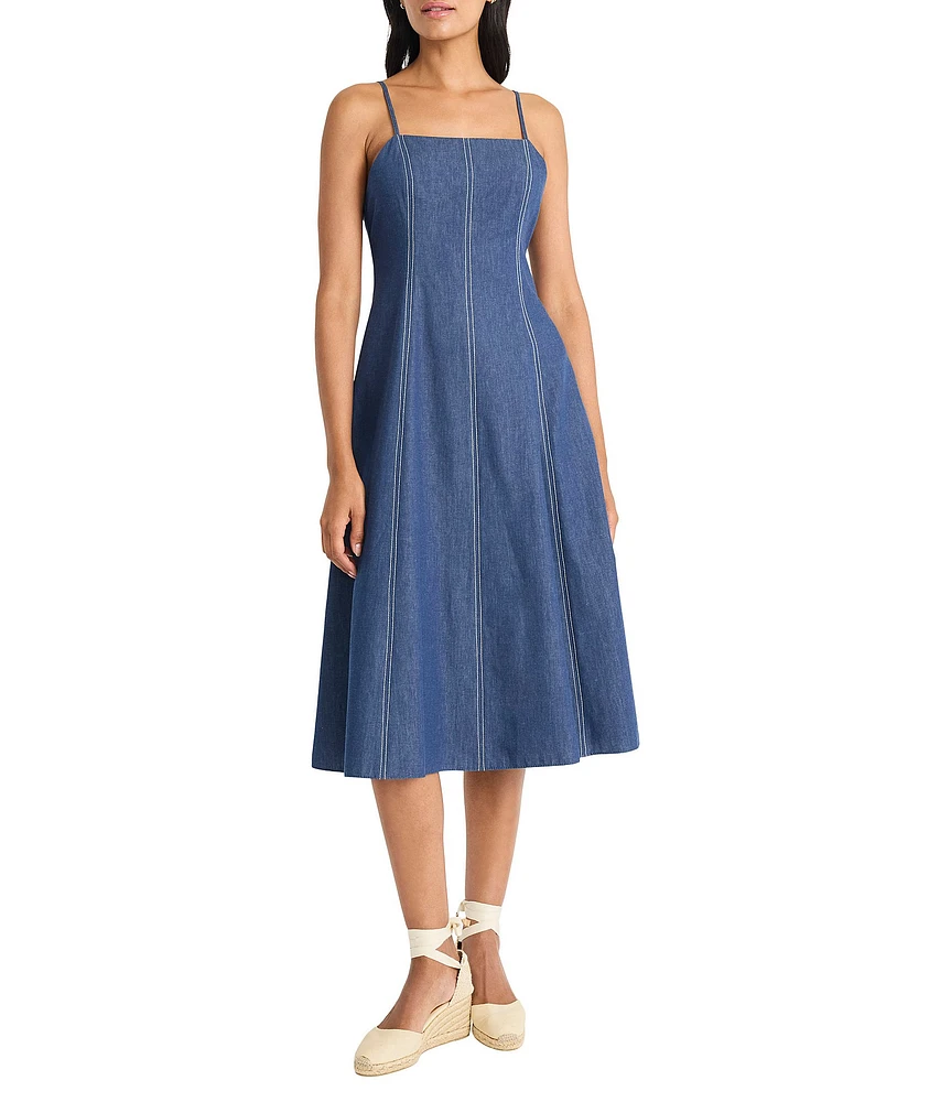 Maggy London Denim Square Neck Sleeveless A-Line Midi Dress