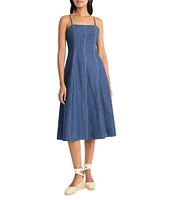 Maggy London Denim Square Neck Sleeveless A-Line Midi Dress