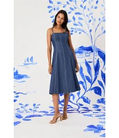 Maggy London Denim Square Neck Sleeveless A-Line Midi Dress