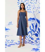 Maggy London Denim Square Neck Sleeveless A-Line Midi Dress