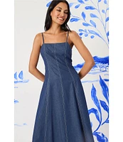 Maggy London Denim Square Neck Sleeveless A-Line Midi Dress