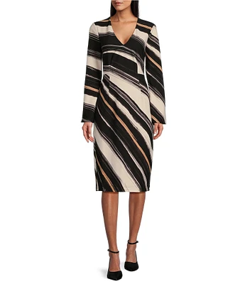 Maggy London Diagonal Stripe Scuba Crepe V-Neck Long Bell Sleeve Sheath Dress