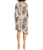 Maggy London Dotted Print Matte Jersey Asymmetrical Neckline Long Sleeve Dress