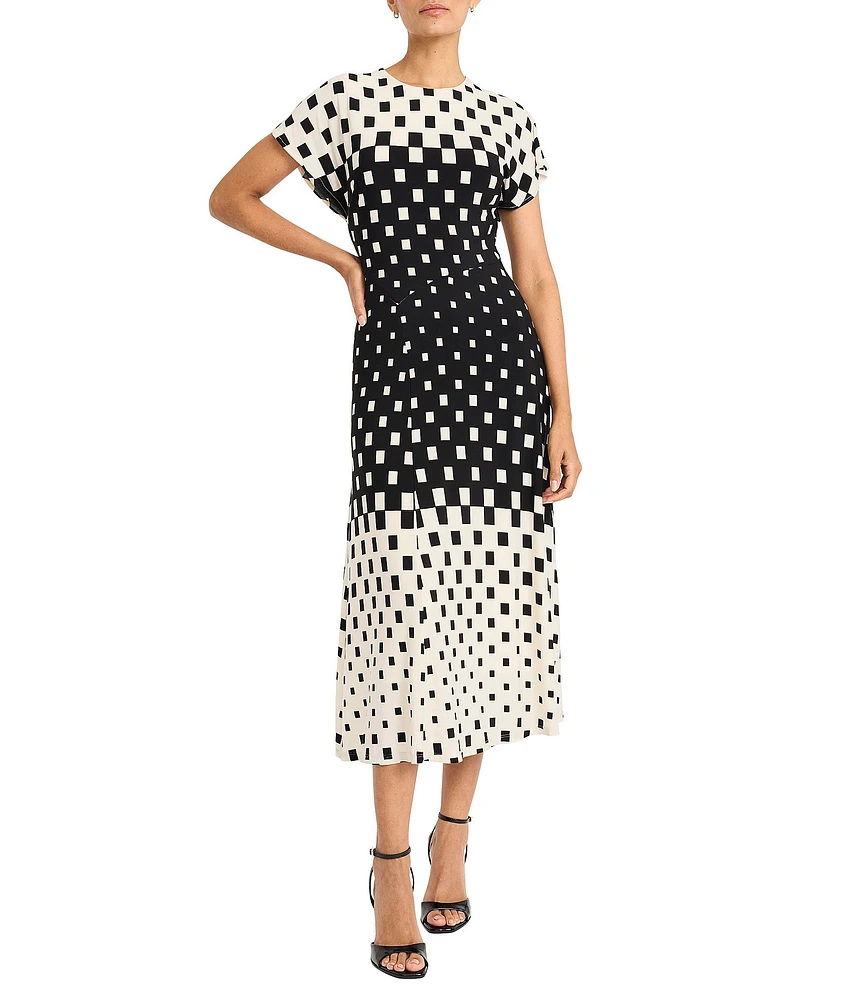 Maggy London Dotted Print Matte Jersey High Neck Short Sleeve Flare Midi Dress