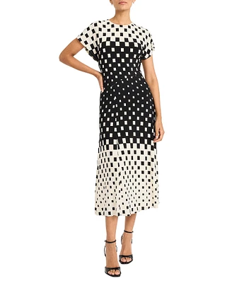 Maggy London Dotted Print Matte Jersey High Neck Short Sleeve Flare Midi Dress