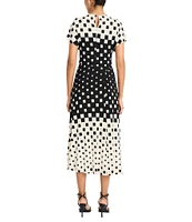 Maggy London Dotted Print Matte Jersey High Neck Short Sleeve Flare Midi Dress