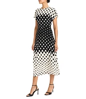 Maggy London Dotted Print Matte Jersey High Neck Short Sleeve Flare Midi Dress