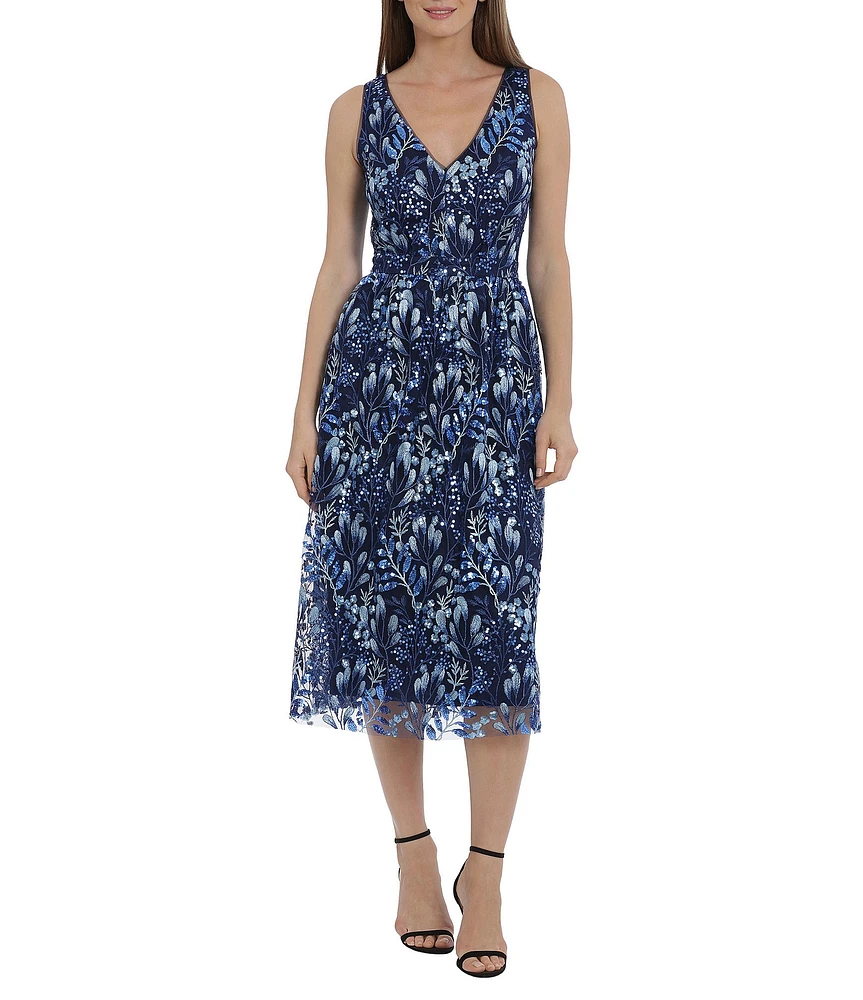 Maggy London Double V-Neck Sleeveless Embroidered Mesh Midi Fit & Flare Dress