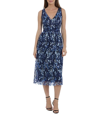 Maggy London Double V-Neck Sleeveless Embroidered Mesh Midi Fit & Flare Dress