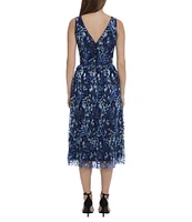 Maggy London Double V-Neck Sleeveless Embroidered Mesh Midi Fit & Flare Dress