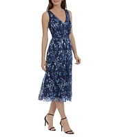 Maggy London Double V-Neck Sleeveless Embroidered Mesh Midi Fit & Flare Dress