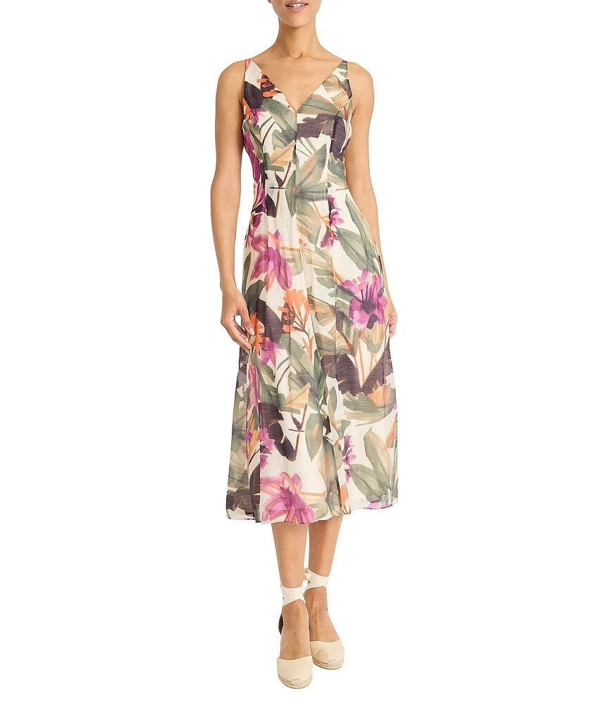Maggy London Double V-neck Sleeveless Floral Tropical Printed Voile Midi Dress